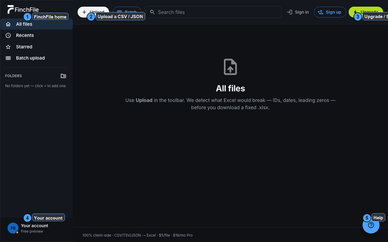 FinchFile app with numbered callouts for Upload, Account, Upgrade, and Help