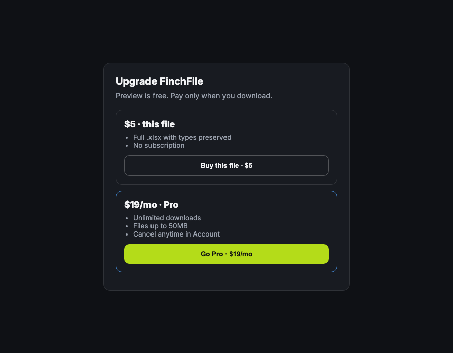 Upgrade dialog showing $5 file and $19 Pro options